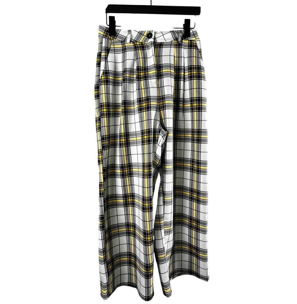 Hell Bunny White Yellow Clueless Tartan Plaid Wide Leg Trousers Size S